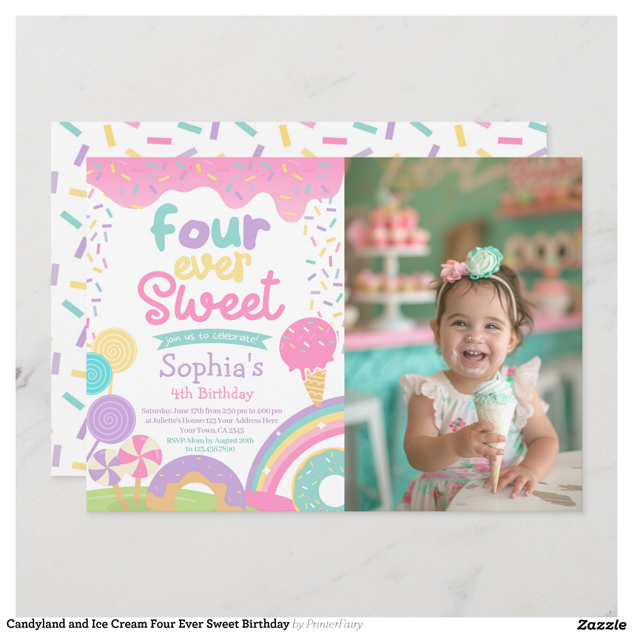 Candyland and Ice Cream Four Ever Sweet Birthday Invitation