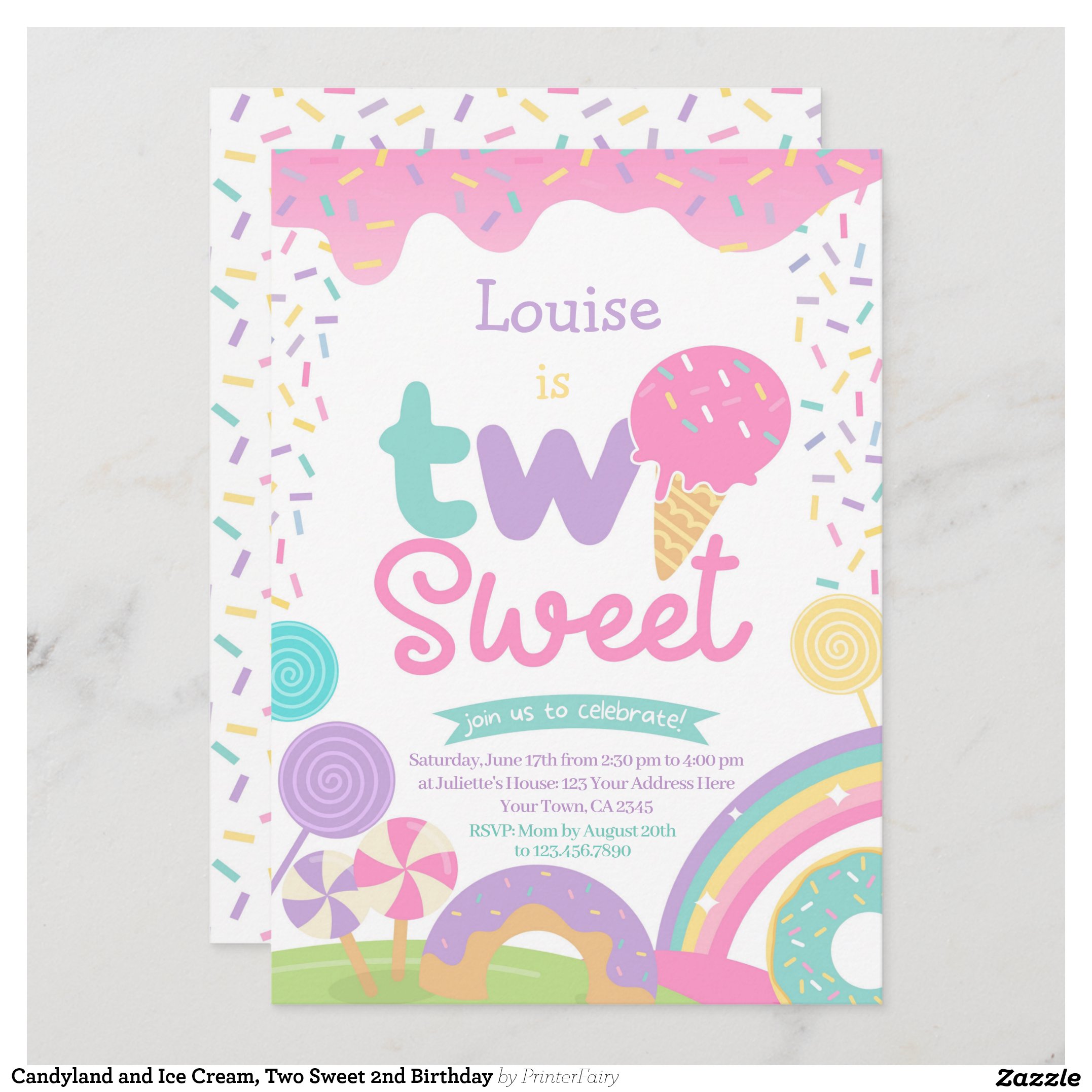 Candyland and Ice Cream, Two Sweet 2nd Birthday Invitation