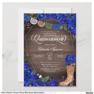 Charra Rustic Cowgirl Boots Blue Roses Quincea?era Invitation