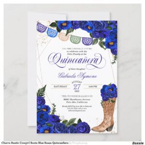 Charra Rustic Cowgirl Boots Blue Roses Quincea?era Invitation
