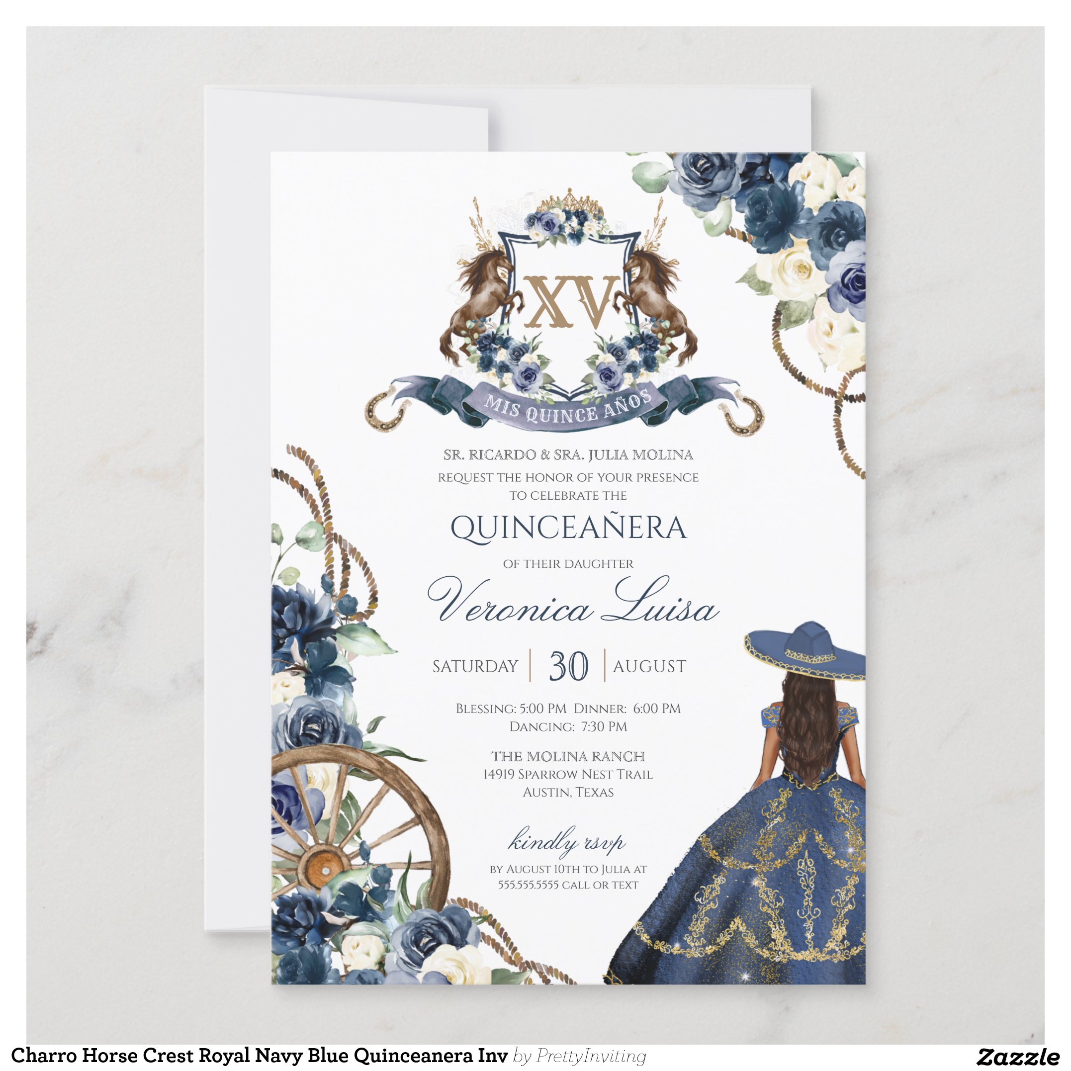 Charro Horse Crest Royal Navy Blue Quinceanera Inv Invitation