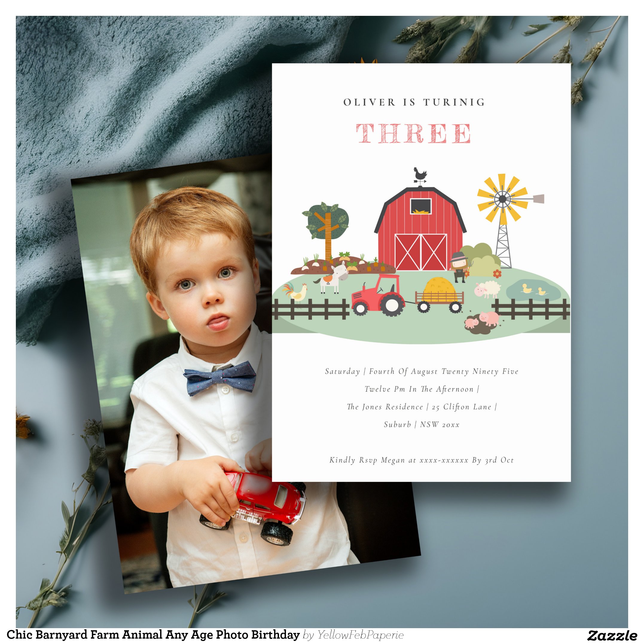 Chic Barnyard Farm Animal Any Age Photo Birthday Invitation