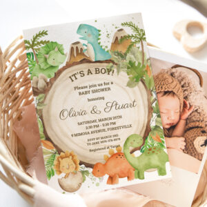 Chic Dinosaur Boy Baby Shower Greenery Chevron Invitation