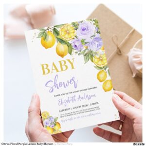 Citrus Floral Purple Lemon Baby Shower Invitation