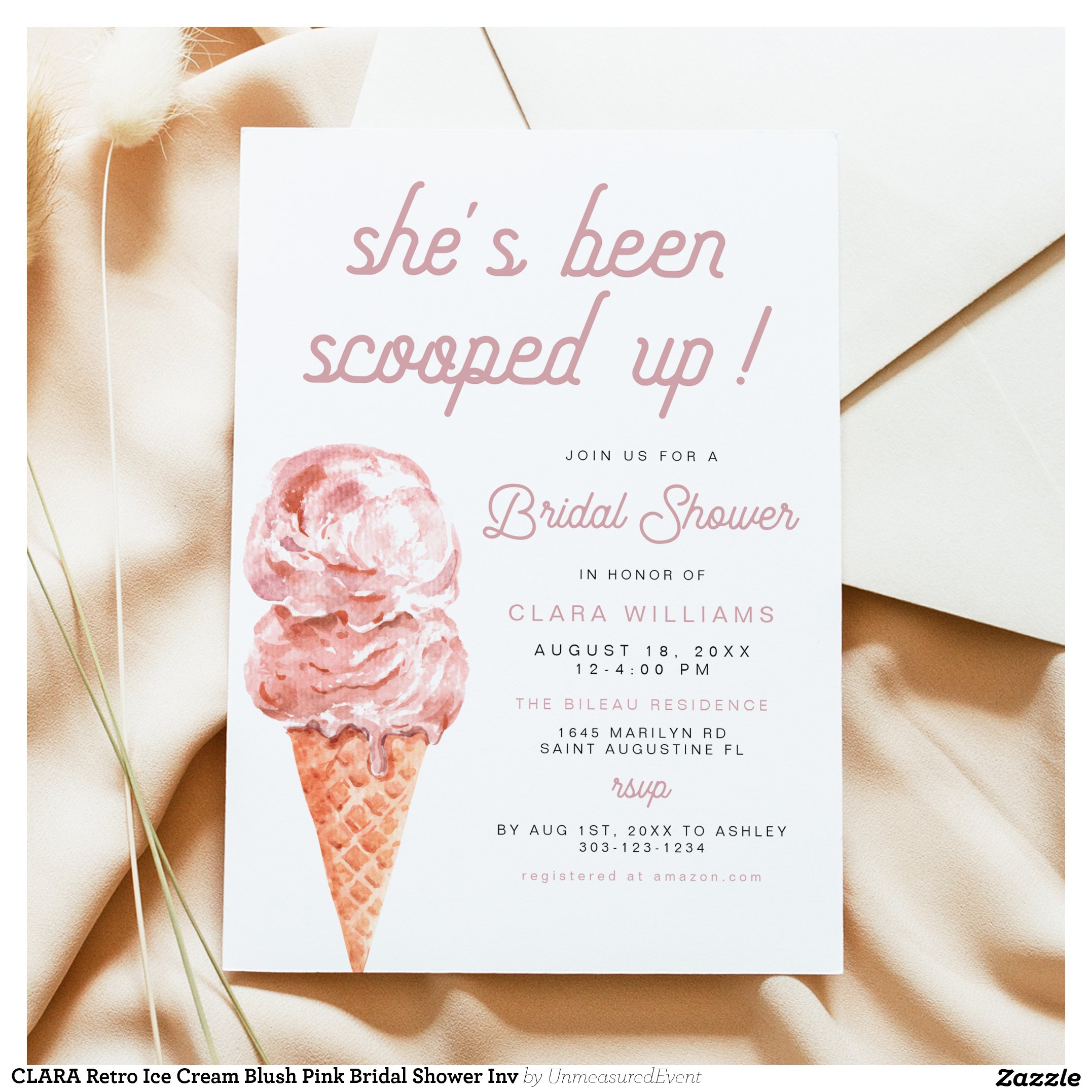 CLARA Retro Ice Cream Blush Pink Bridal Shower Inv Invitation