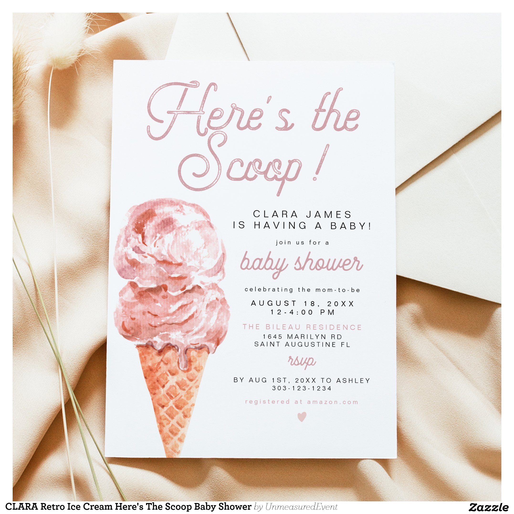 CLARA Retro Ice Cream Here's The Scoop Baby Shower Invitation