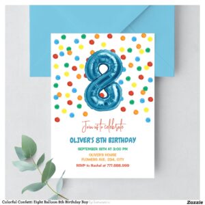 Colorful Confetti Eight Balloon 8th Birthday Boy Invitation