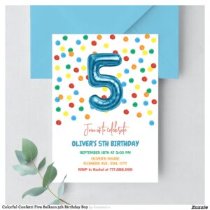 Colorful Confetti Five Balloon 5th Birthday Boy Invitation