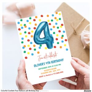 Colorful Confetti Four Balloon 4th Birthday Boy Invitation