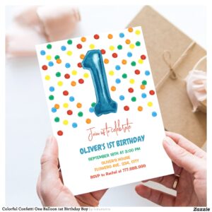 Colorful Confetti One Balloon 1st Birthday Boy Invitation