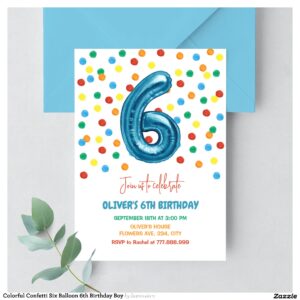 Colorful Confetti Six Balloon 6th Birthday Boy Invitation
