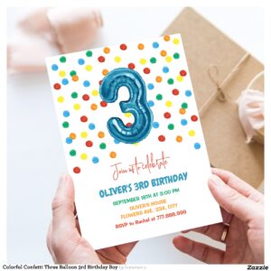 Colorful Confetti Three Balloon 3rd Birthday Boy Invitation