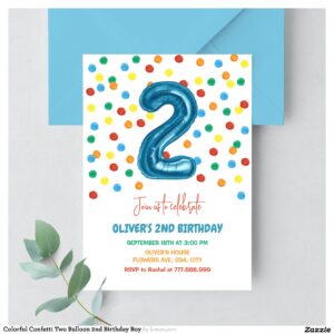 Colorful Confetti Two Balloon 2nd Birthday Boy Invitation
