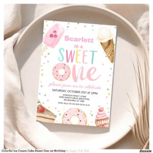 Colorful Ice Cream Cake Sweet One 1st Birthday Invitation
