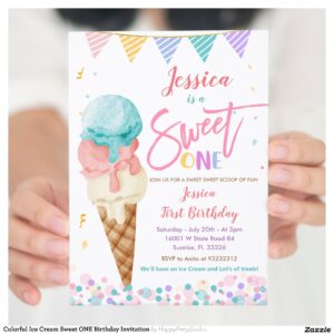 Colorful Ice Cream Sweet ONE Birthday Invitation