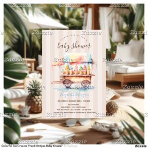 Colorful Ice Creams Truck Stripes Baby Shower Invitation