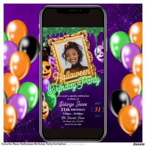 Colorful Neon Halloween Birthday Party Invitation