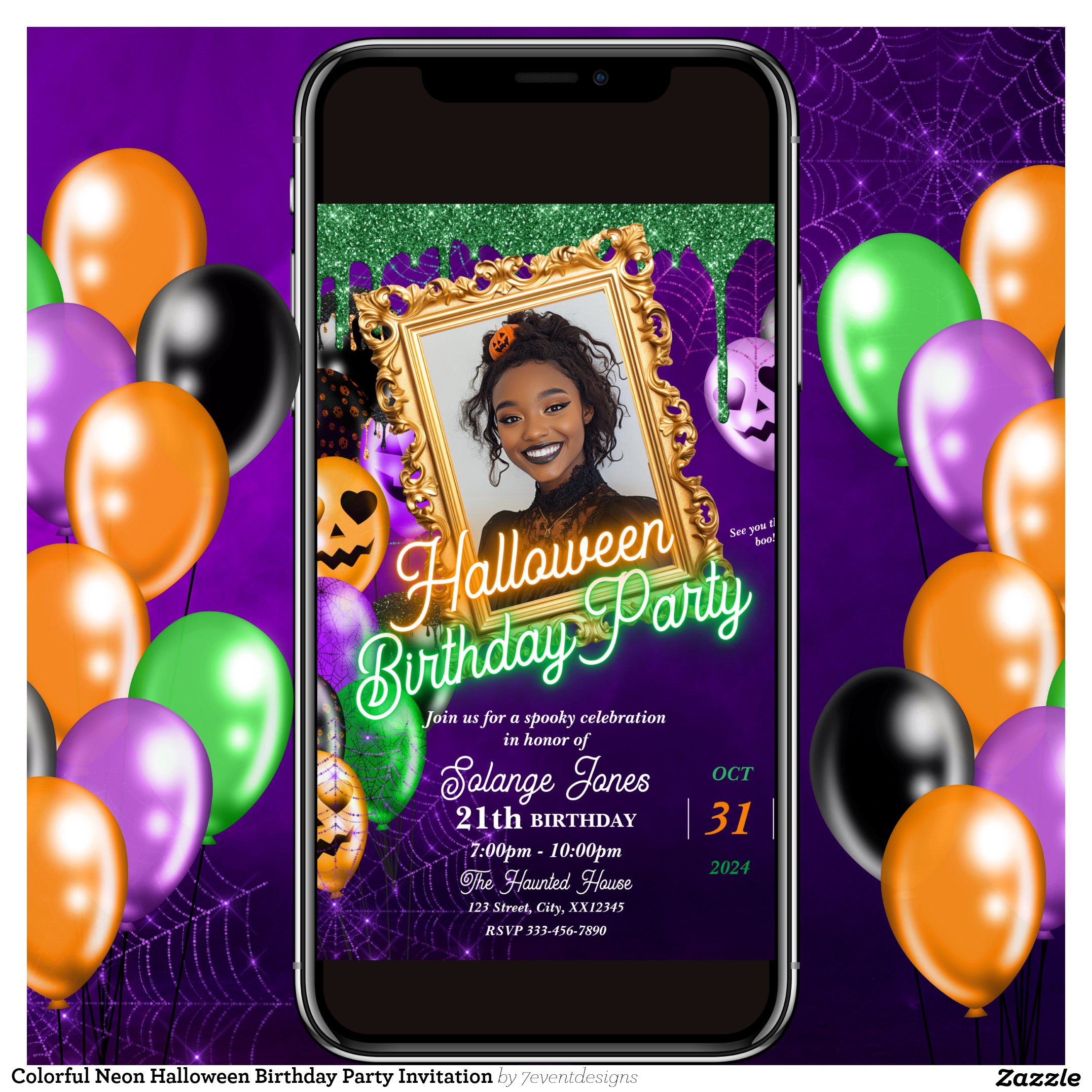 Colorful Neon Halloween Birthday Party Invitation