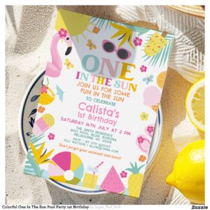 Colorful One In The Sun Pool Party 1st Birthday Invitation