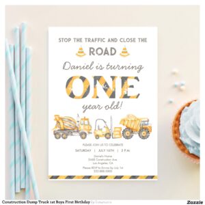 Construction Dump Truck 1st Boys First Birthday Invitation