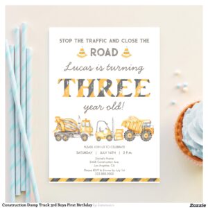 Construction Dump Truck 3rd Boys First Birthday Invitation