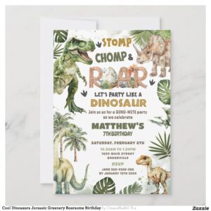 Cool Dinosaurs Jurassic Greenery Roarsome Birthday Invitation