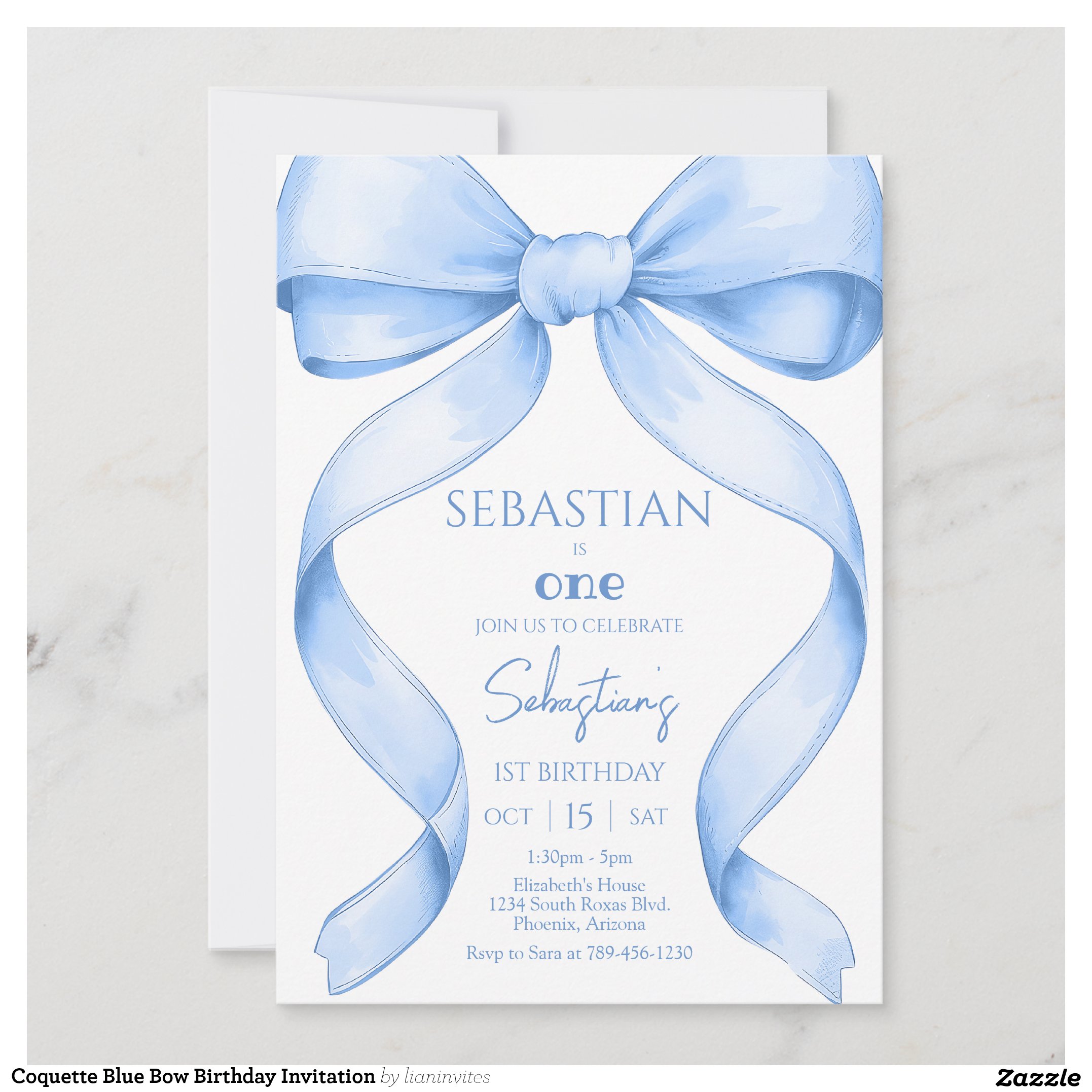 Coquette Blue Bow Birthday Invitation