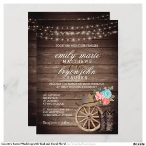 Country Barrel Wedding with Teal and Coral Floral Invitation