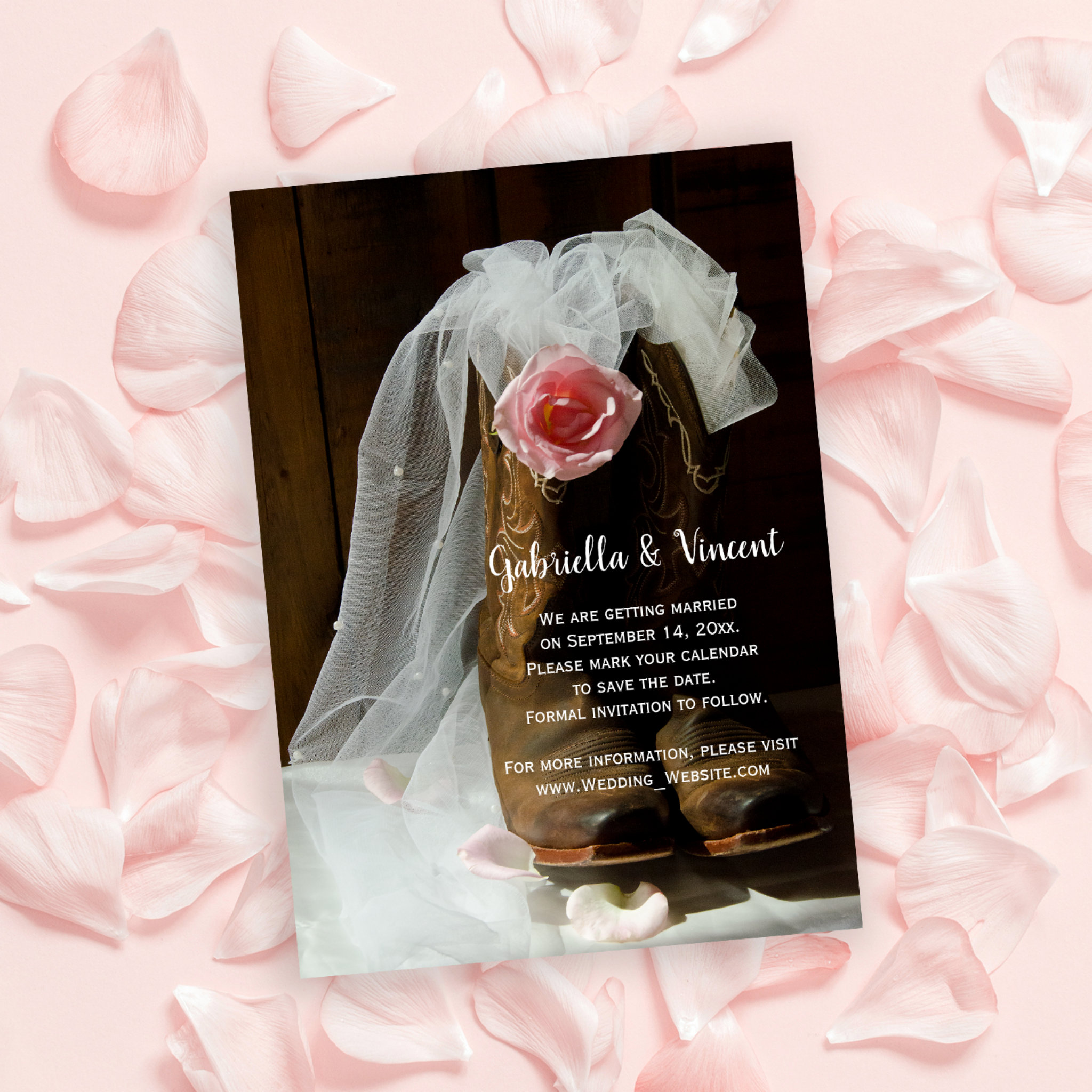 Country Rose Cowboy Boots Western Save the Date Invitation