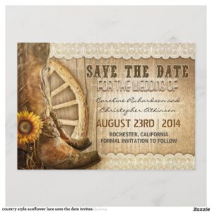 country style sunflower lace save the date invites