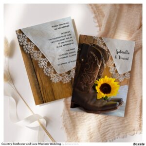 Country Sunflower and Lace Western Wedding Invitation