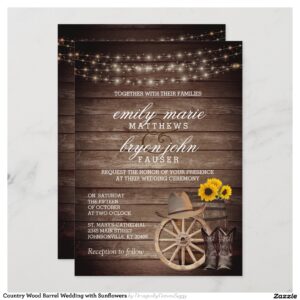 Country Wood Barrel Wedding with Sunflowers Invitation