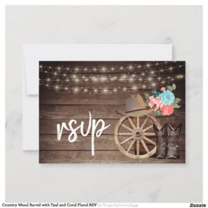 Country Wood Barrel with Teal and Coral Floral RSV RSVP Card