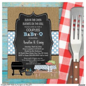 Couples BOY Baby Q, burgers on the grill Invitation