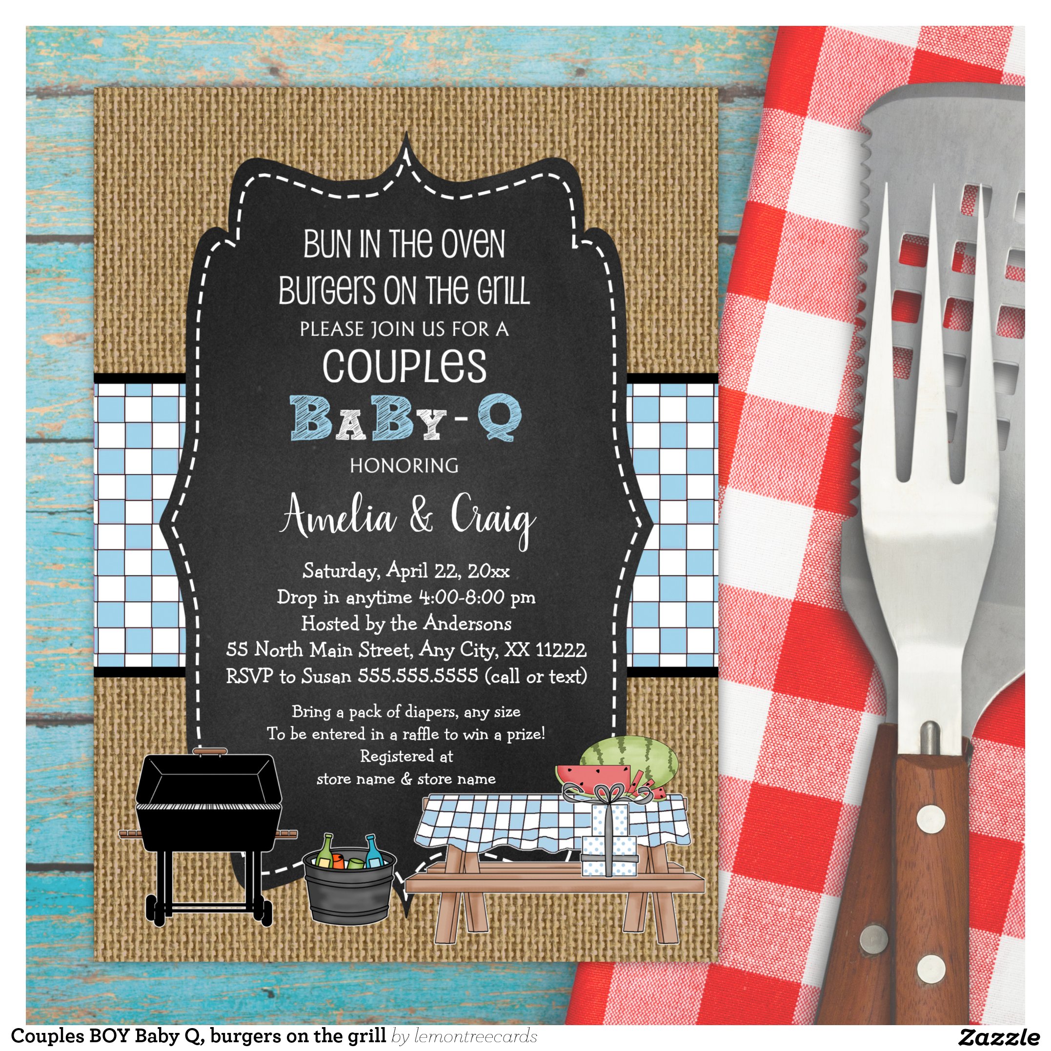 Couples BOY Baby Q, burgers on the grill Invitation