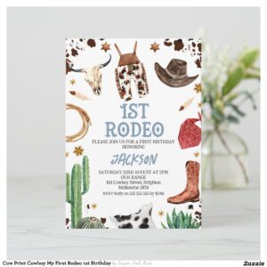Cow Print Cowboy My First Rodeo 1st Birthday Invitation