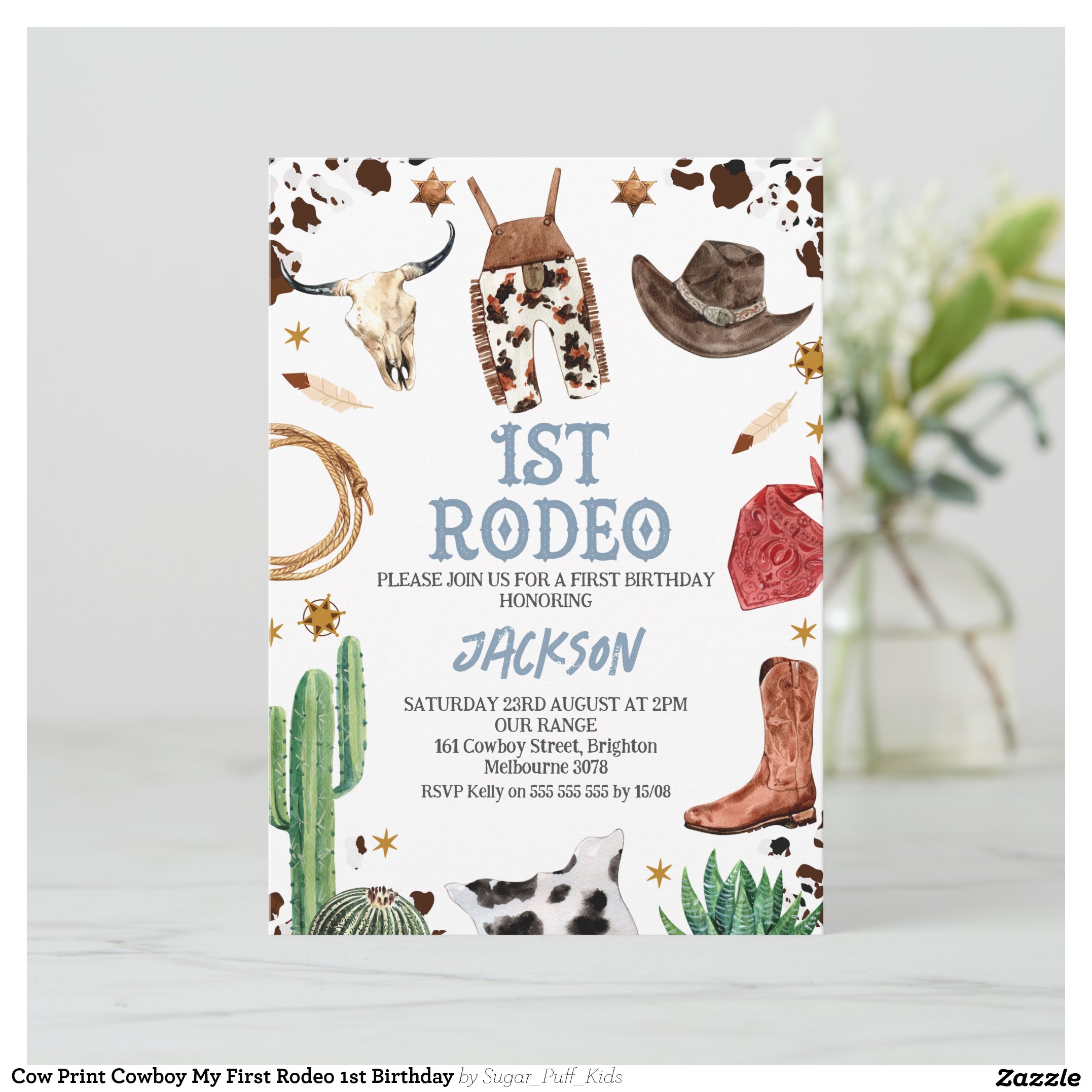 Cow Print Cowboy My First Rodeo 1st Birthday Invitation