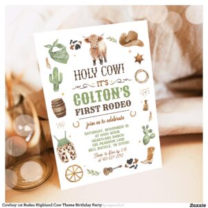Cowboy 1st Rodeo Highland Cow Theme Birthday Party Invitation
