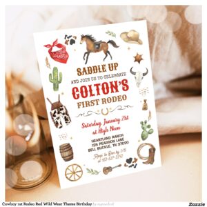 Cowboy 1st Rodeo Red Wild West Theme Birthday Invitation