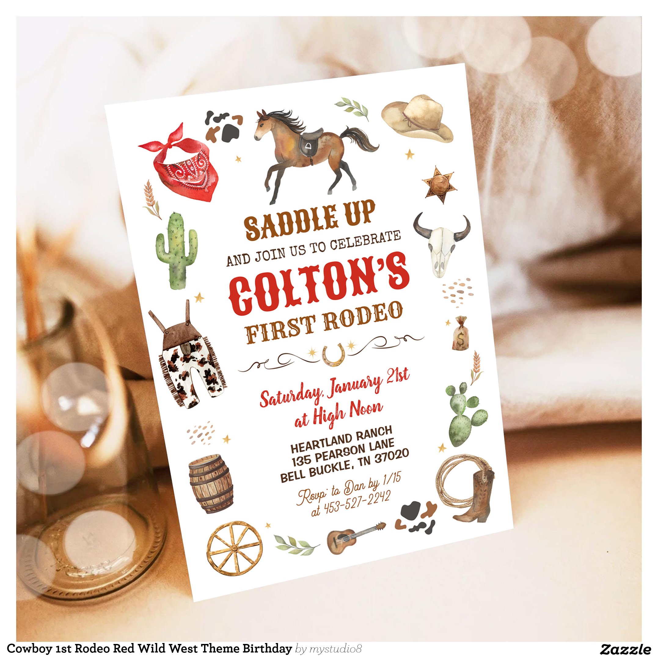 Cowboy 1st Rodeo Red Wild West Theme Birthday Invitation