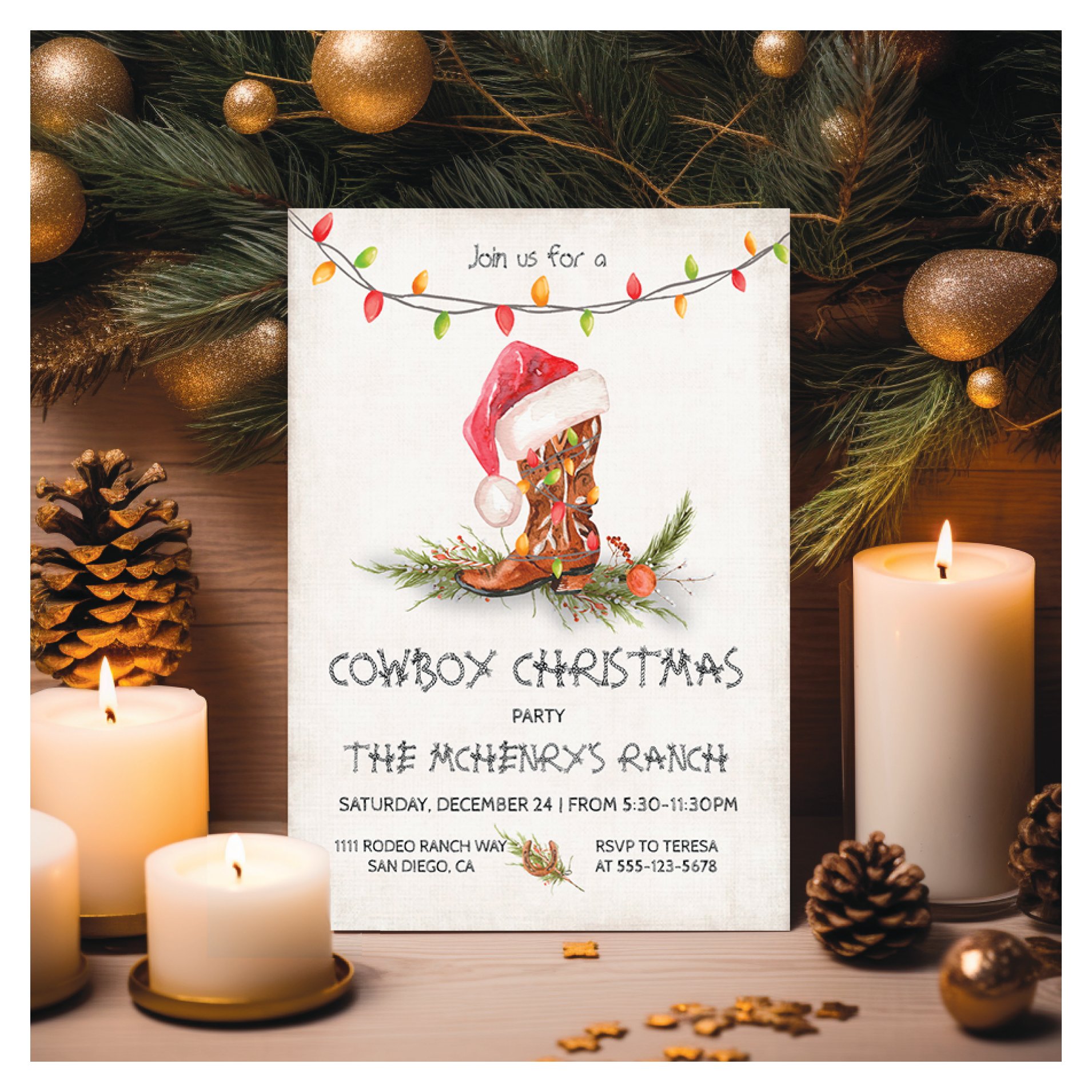 Cowboy Christmas Rustic Watercolor Party Invitation