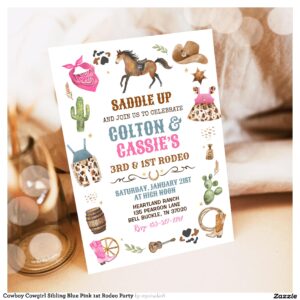 Cowboy Cowgirl Sibling Blue Pink 1st Rodeo Party Invitation