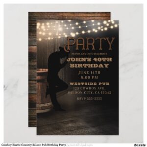 Cowboy Rustic Country Saloon Pub Birthday Party Invitation