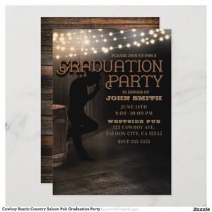 Cowboy Rustic Country Saloon Pub Graduation Party Invitation