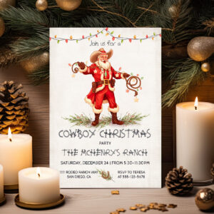 Cowboy Santa Christmas lasso lights Invitation