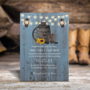 Cowboy Wedding Sunflower Lantern Dusty Blue Wood Invitation