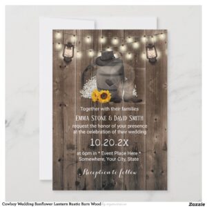 Cowboy Wedding Sunflower Lantern Rustic Barn Wood Invitation