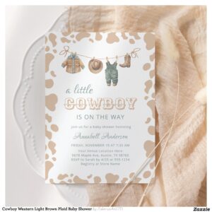 Cowboy Western Light Brown Plaid Baby Shower Invitation