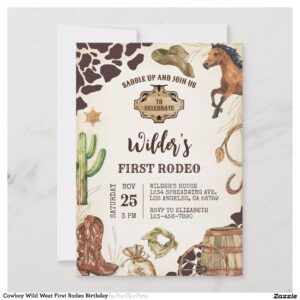 Cowboy Wild West First Rodeo Birthday Invitation