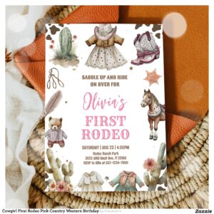 Cowgirl First Rodeo Pink Country Western Birthday Invitation